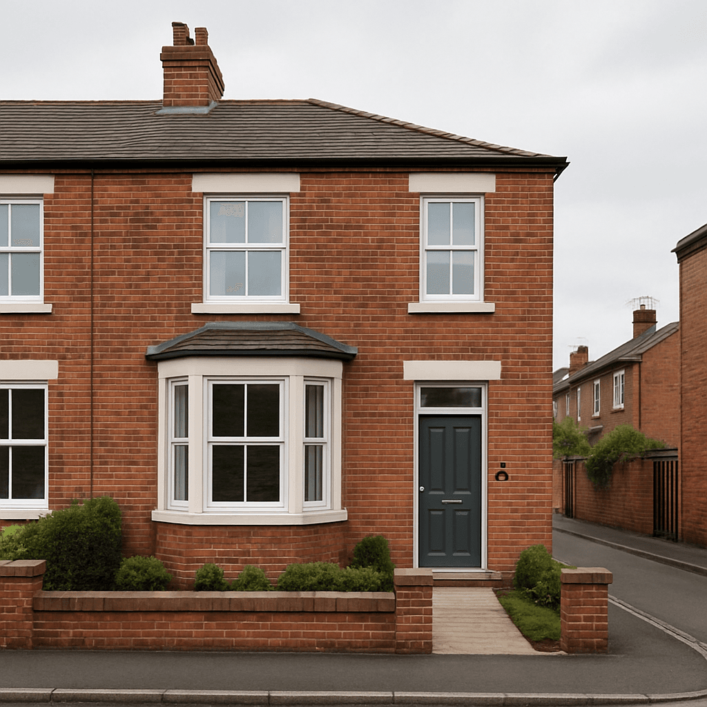 A British red-brick home with a video doorbell and tidy front garden