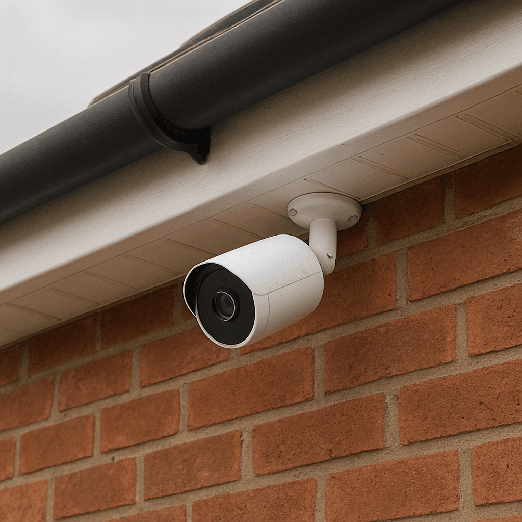 A discreet white security camera neatly mounted on a house exterior