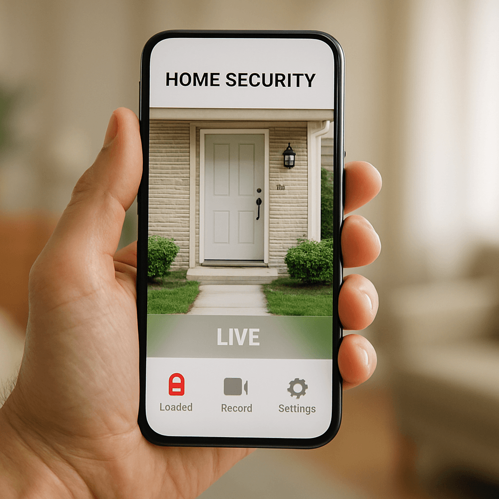 A smartphone showing a live home security camera view
