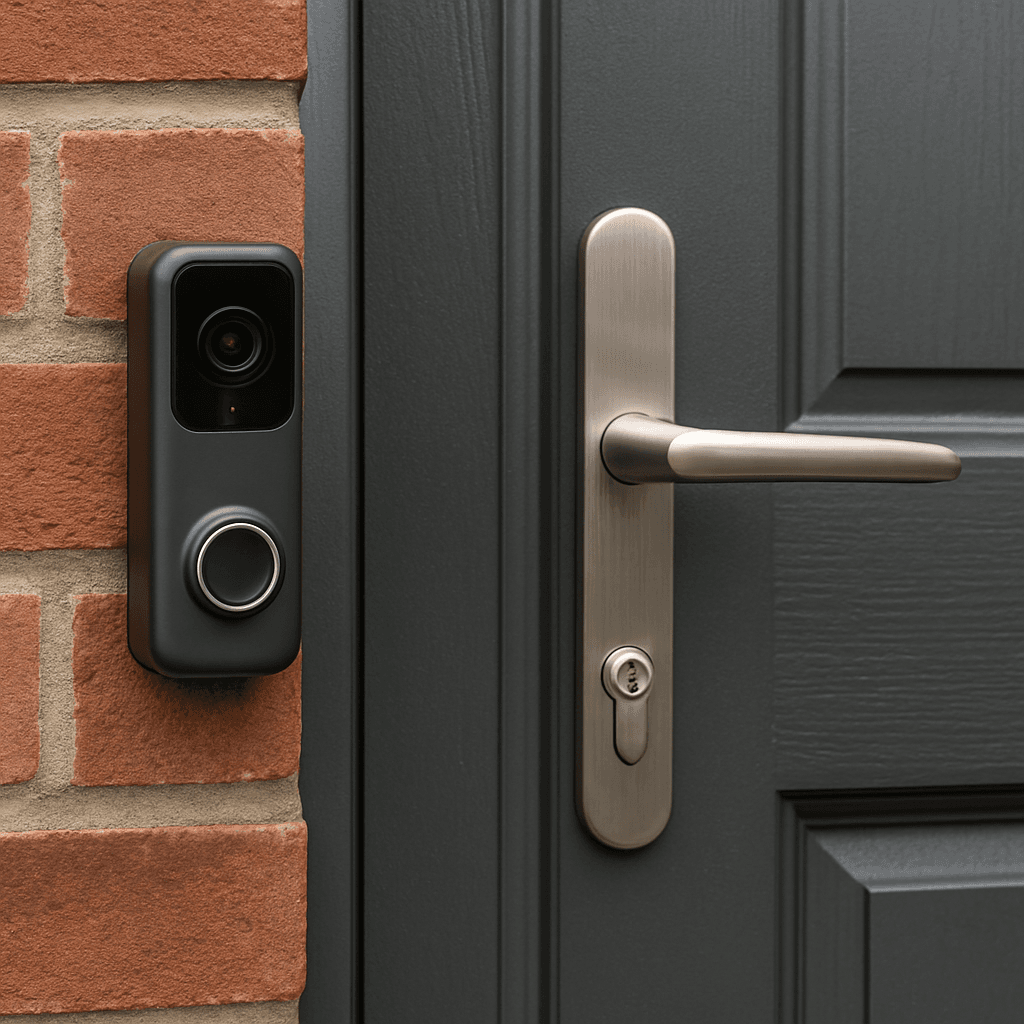 A modern video doorbell neatly installed beside a stylish front door