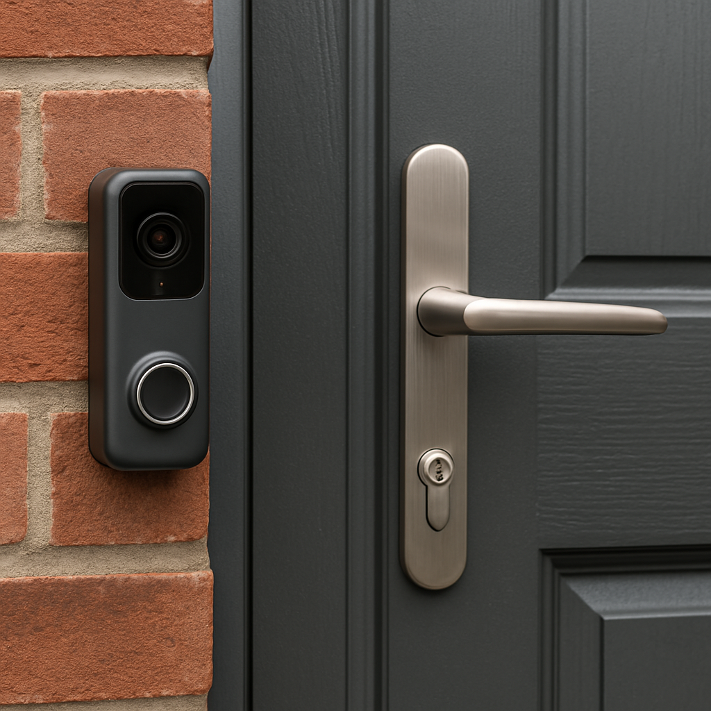 A modern video doorbell neatly installed beside a stylish front door